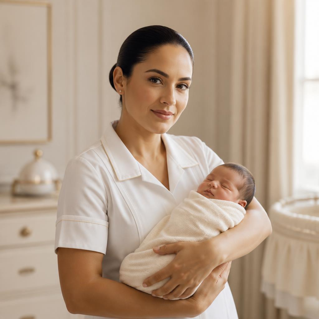 Professional baby nurse in cream uniform cradling a swaddled newborn in a luxurious nursery
