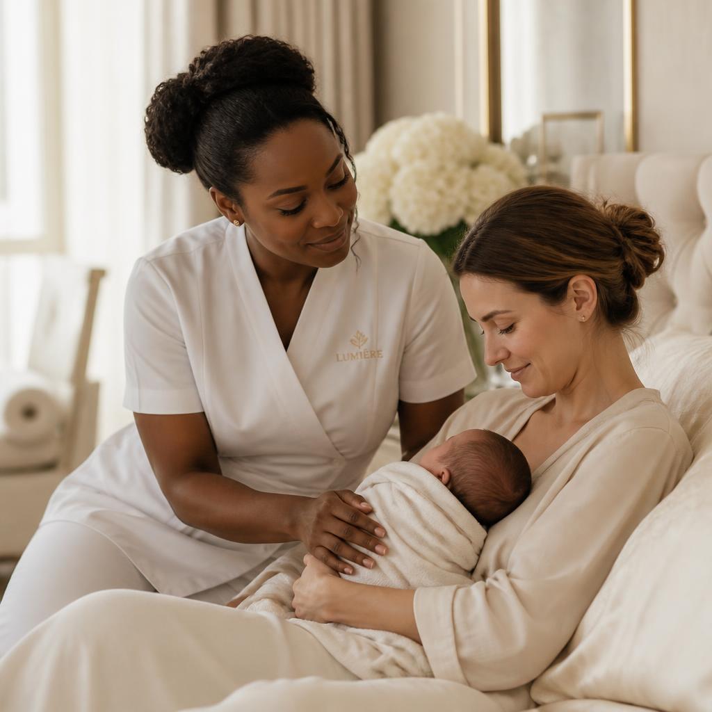 Postpartum doula in soft linen supporting a new mother holding her newborn