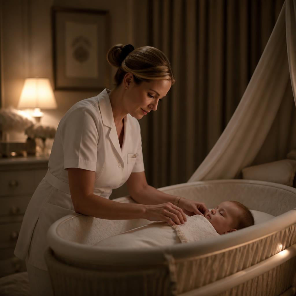Peaceful sleeping infant in a softly lit luxury nursery with a caregiver’s gentle hand