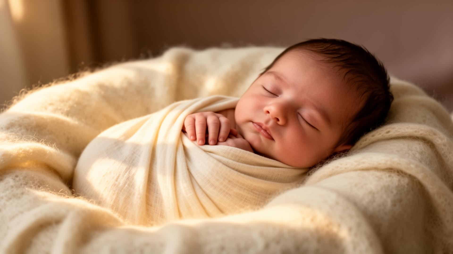 Peacefully sleeping newborn baby swaddled in cream linen on a soft ivory blanket